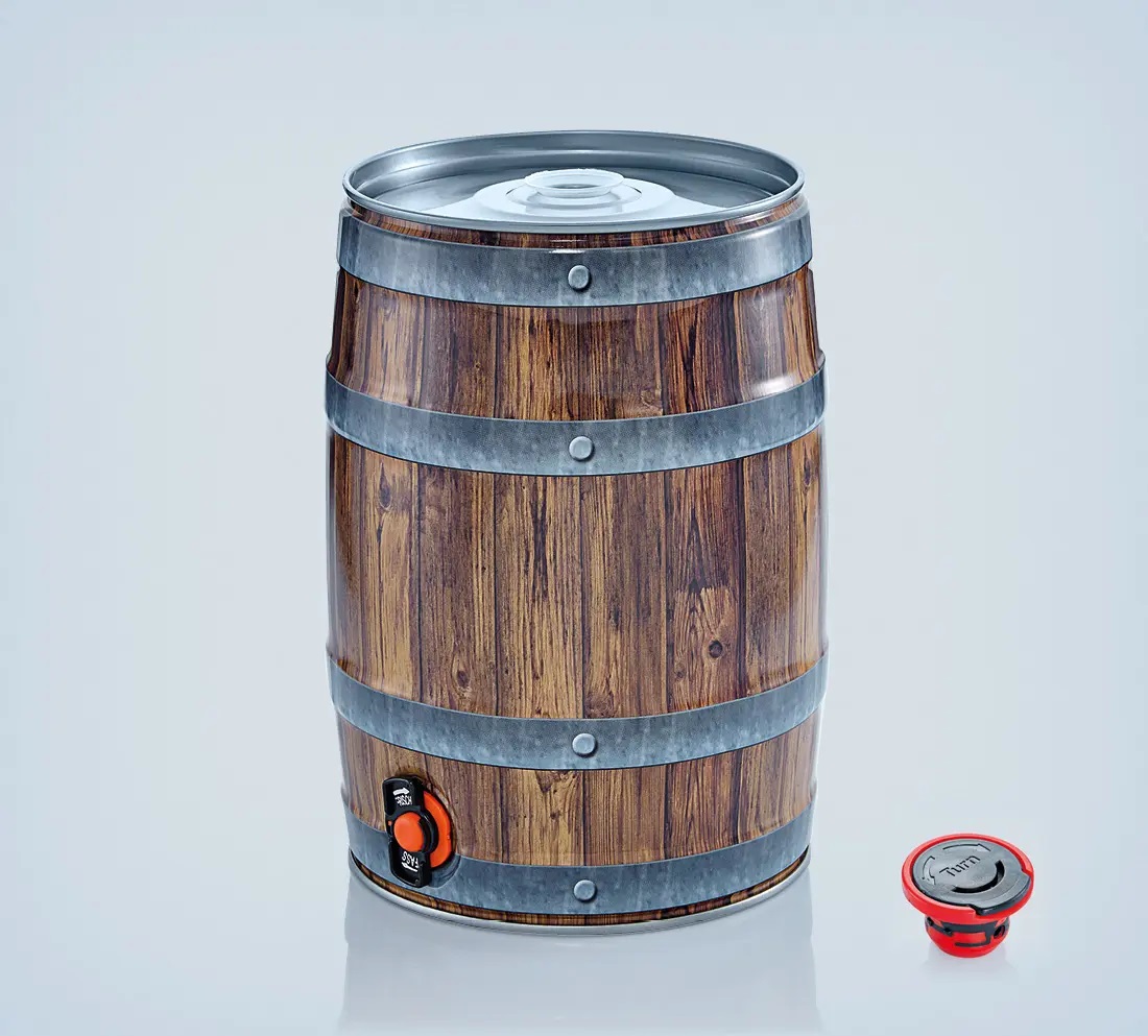 5 Liter Partyfass aus Metall mit Auslaufhahn & Kombistopfen , mit kleinen Beulen(funktionstüchtig)