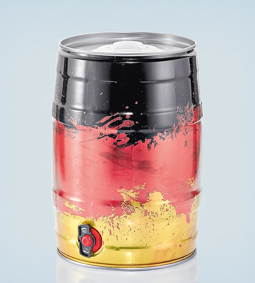 5 Liter Partyfass aus Metall mit Auslaufhahn und Kombistopfen weiß/gold