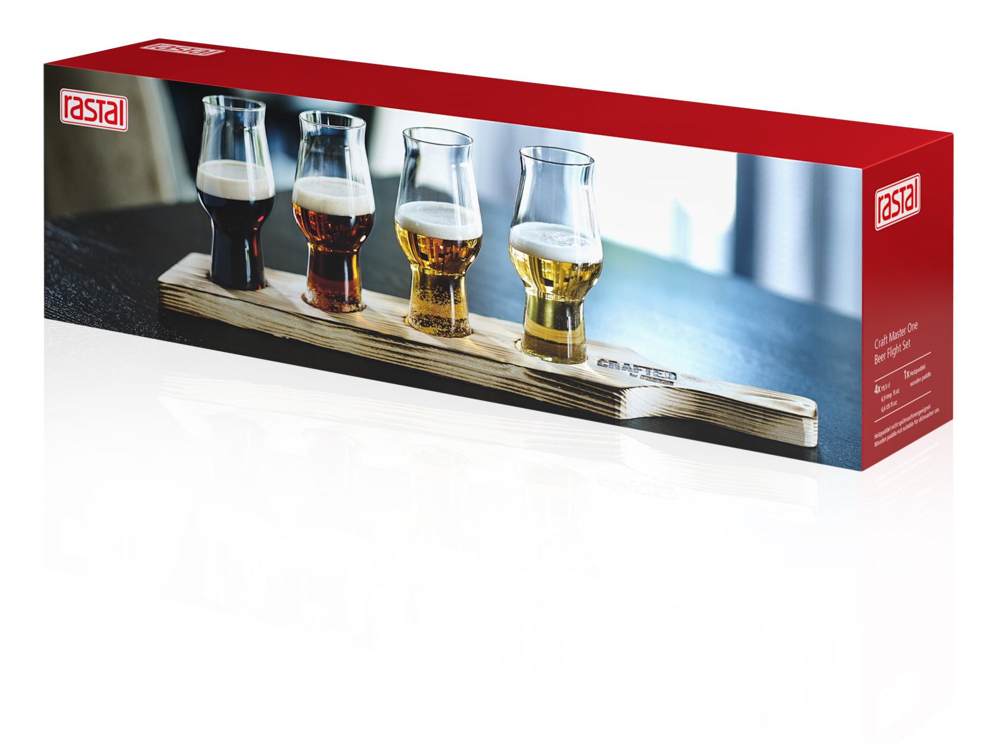 RASTAL Probier - Biergläser "Beer Flight" Set 4 x 0,195l + Tasting-Brett Holz geflammt